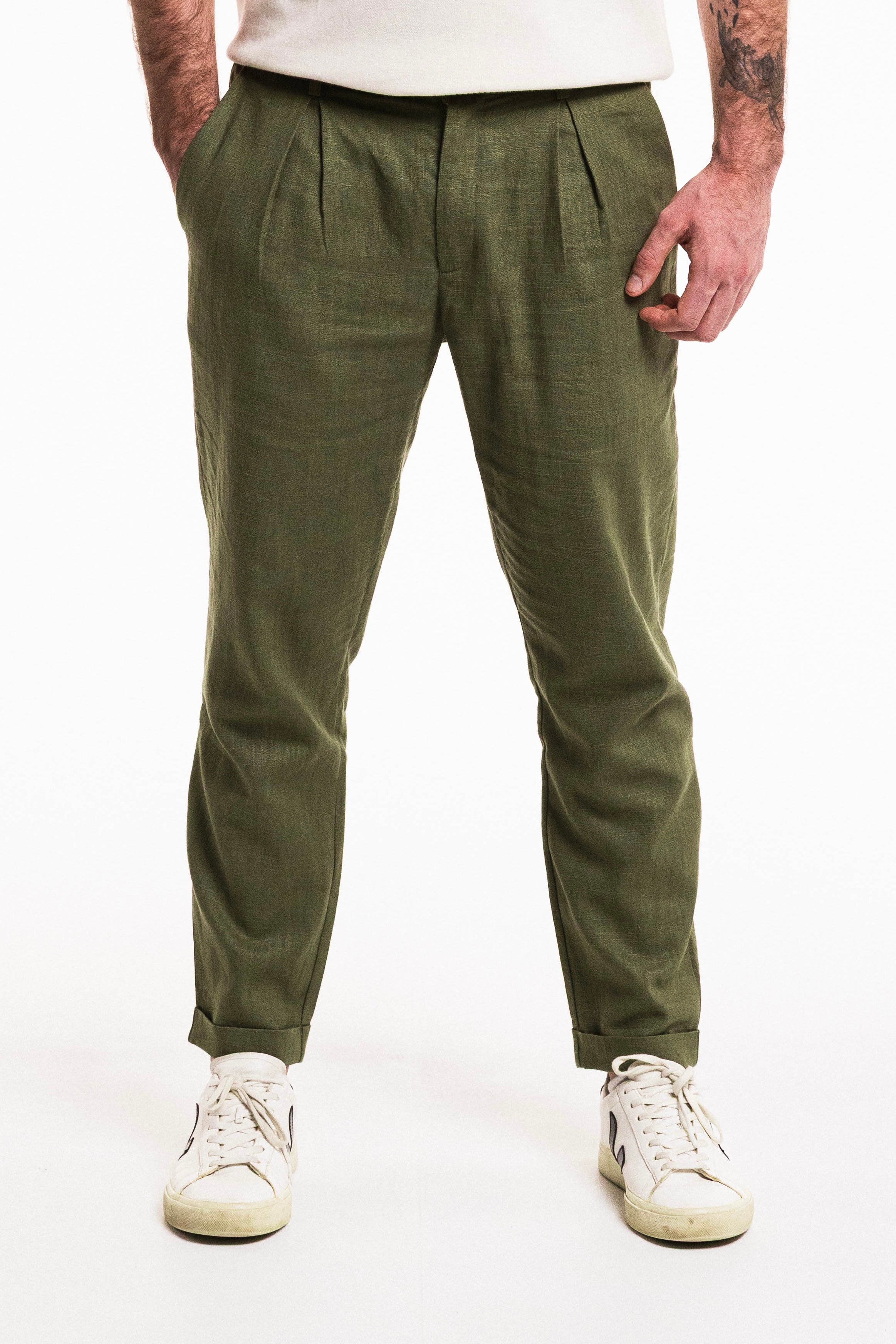 Pleat Cuff Linen Trouser in olive, featuring front pleats and a straight-leg cut, ideal for all-season wear.