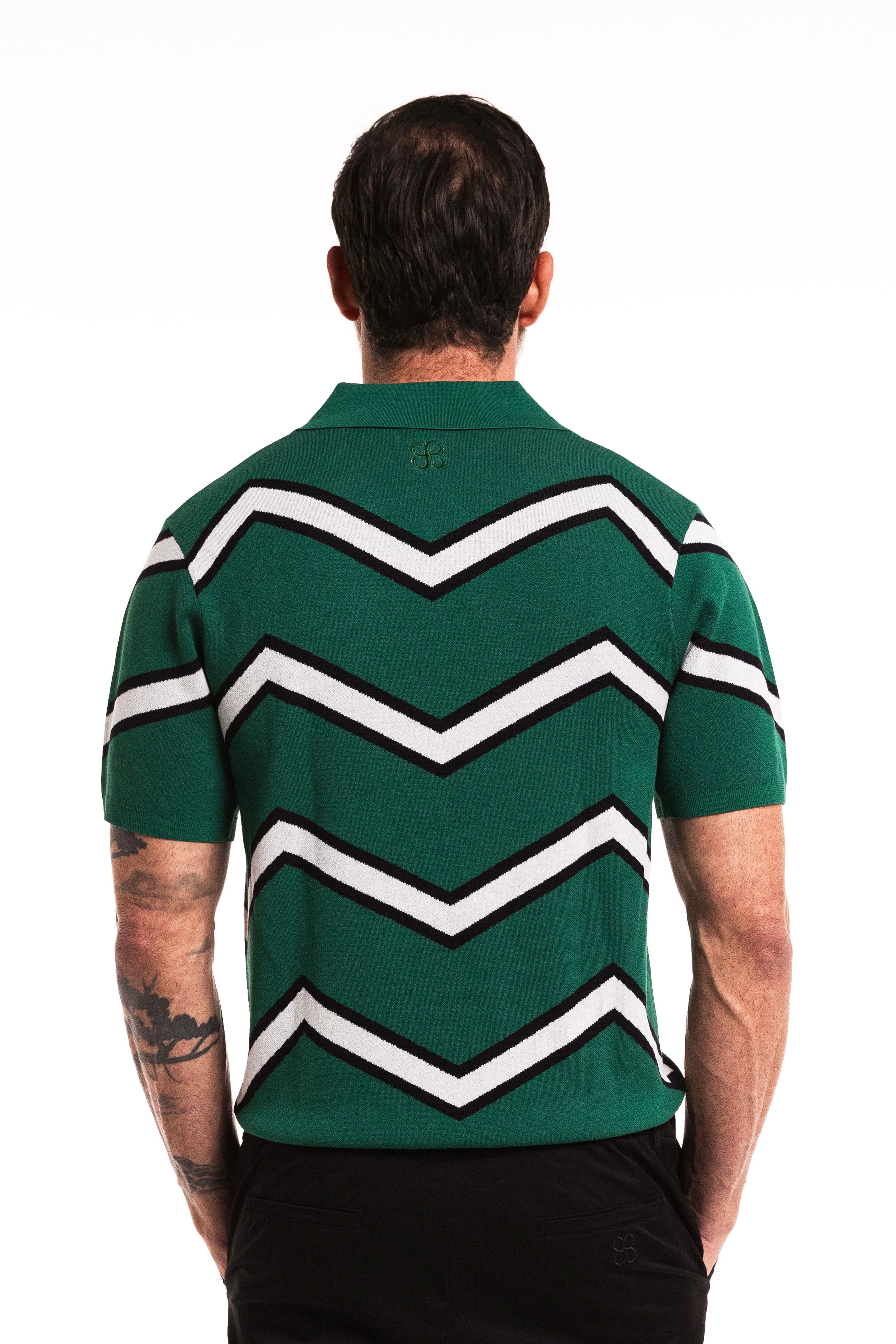 Back view of a man wearing a Chevron ZigZag Polo in Forest Green with bold zigzag stripes.
