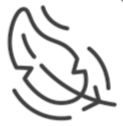 Black and white icon of a feather inside a circular border