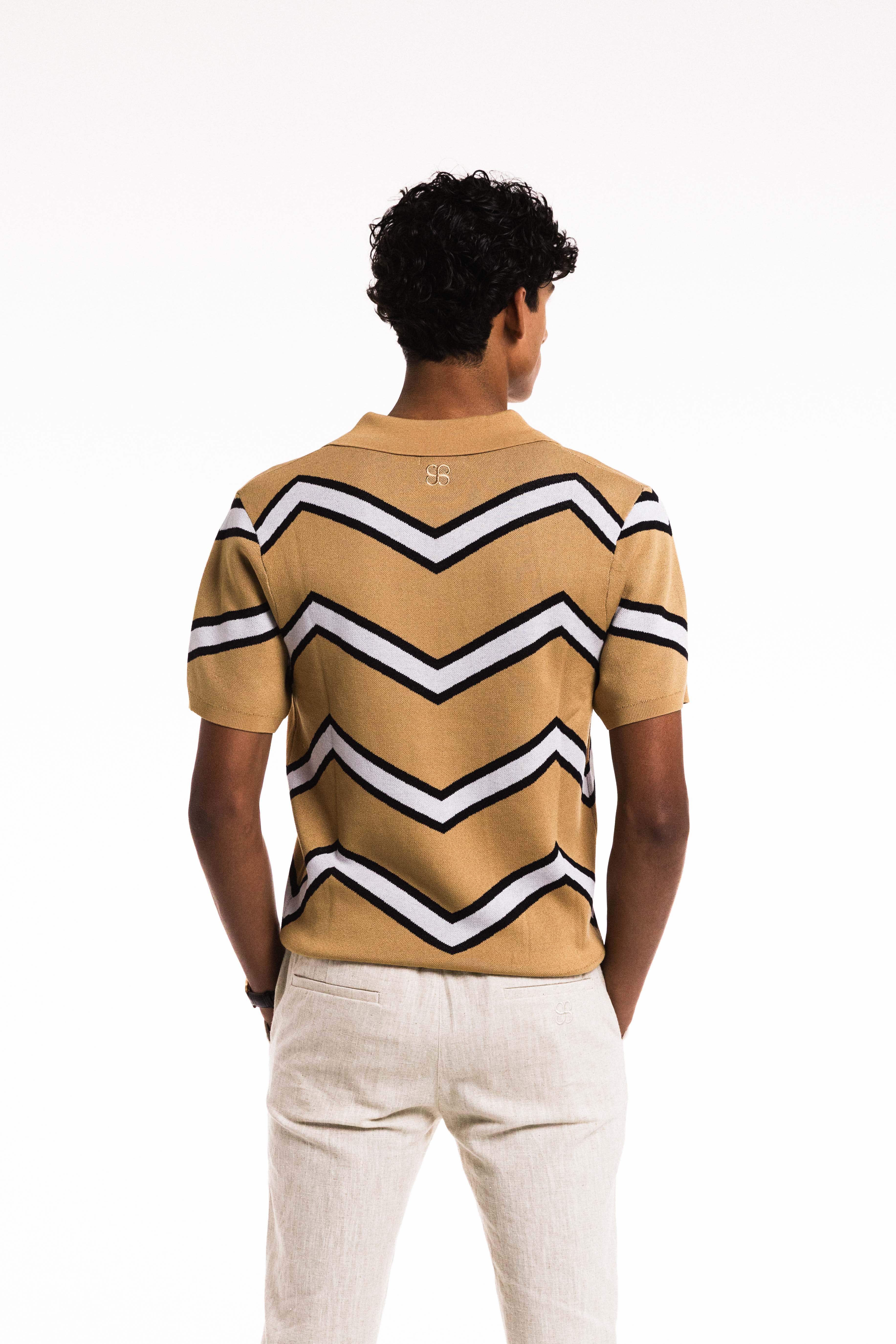 Close back view of Chevron Polo in Caramel with ribbed collar and clean hem