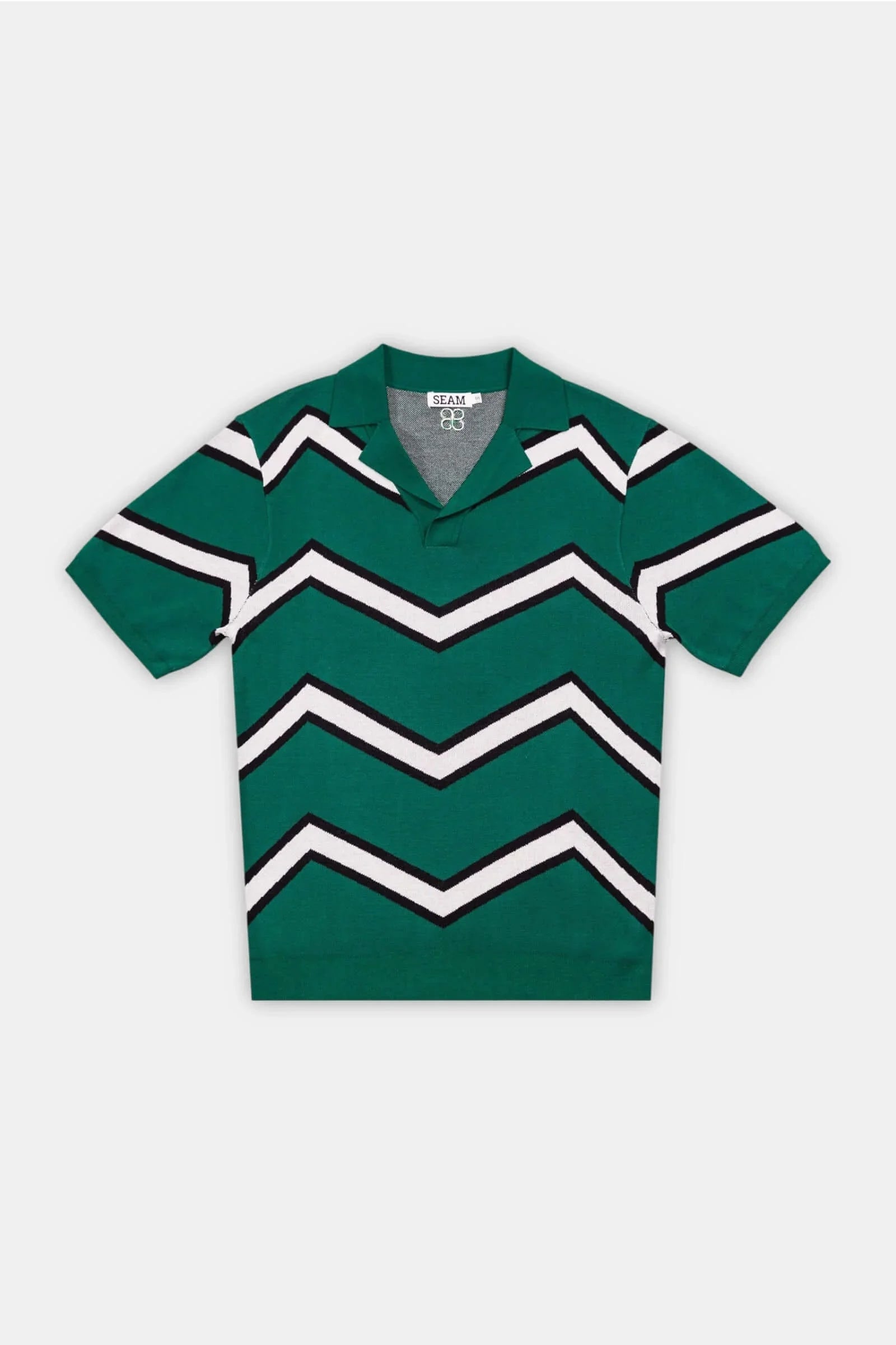 Chevron ZigZag Polo in Forest Green featuring a bold zigzag stripe design and a clean buttonless collar.