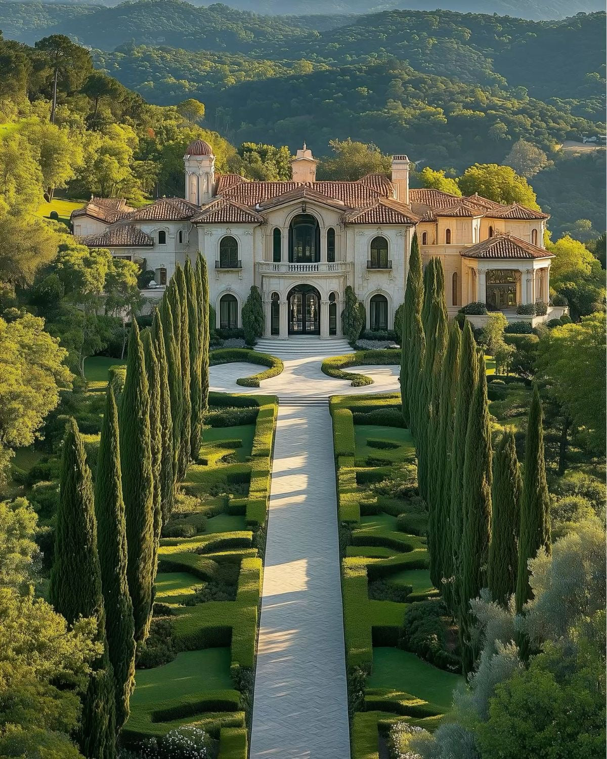 Luxurious mansion with a well-manicured garden and pathway